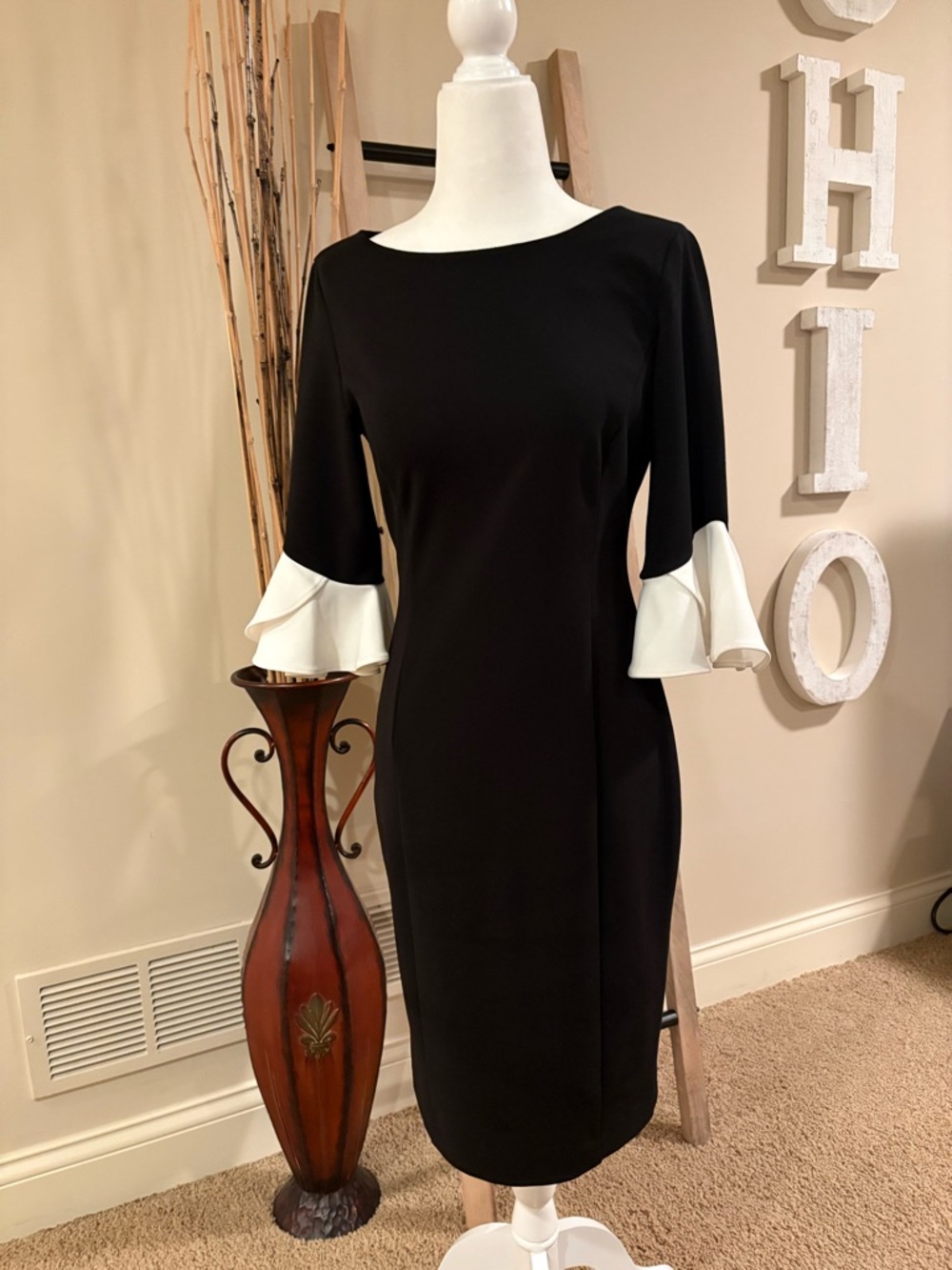 Dkny Black Midi Sheath Dress with White Bell Sleeve Accents